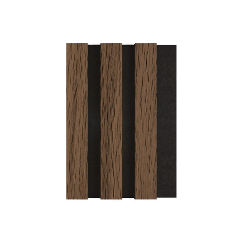 Акустичен MDF панел APA505 с елегантен орехов финиш и черен филц, съчетаващ висока звукоизолация и изискан дизайн.