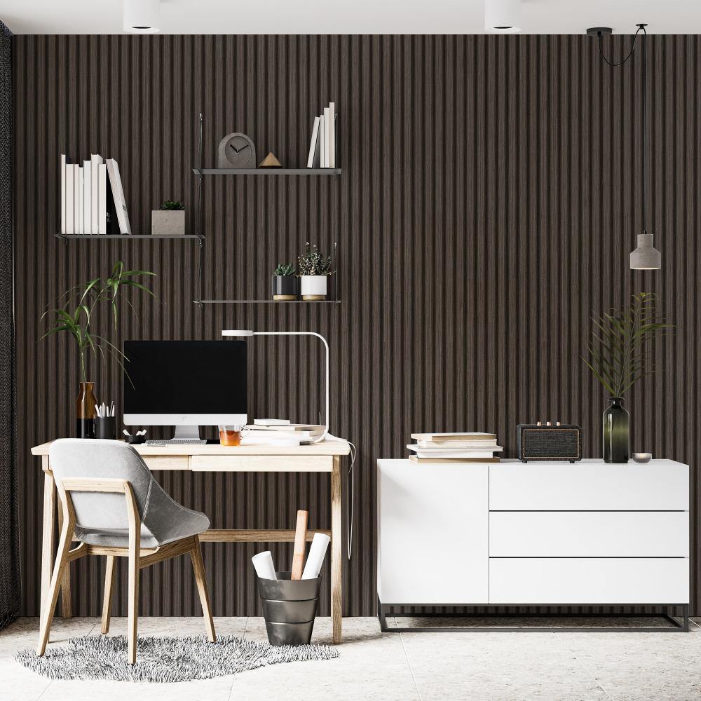 Декоративна ламперия MDF ламперия за стена APM903 в интериор на домашен офис с изчистени линии и тъмен дървесен тон за уютна атмосфера.