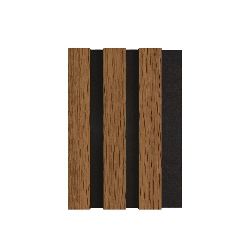Акустичен MDF панел APA504 с елегантен дървесен финиш и черен филц, подходящ за модерни интериорни решения.