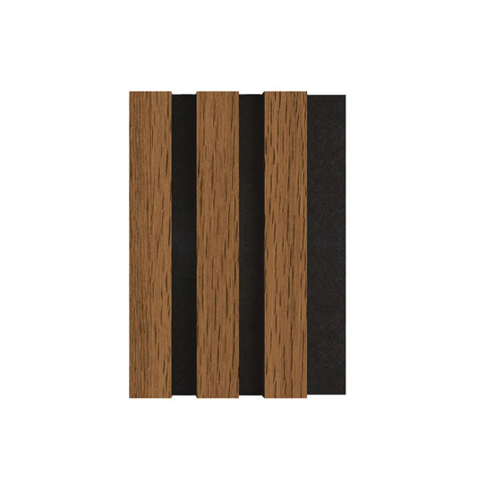 Акустичен MDF панел APA504 с елегантен дървесен финиш и черен филц, подходящ за модерни интериорни решения.