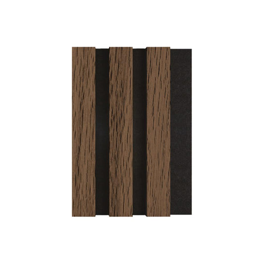 Акустичен MDF панел APA505 с елегантен орехов финиш и черен филц, съчетаващ висока звукоизолация и изискан дизайн.