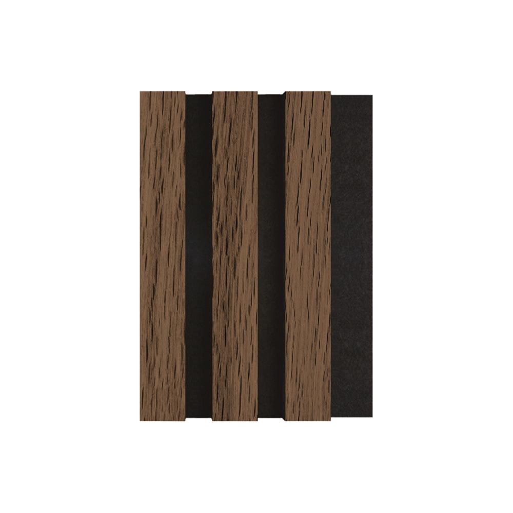 Акустичен MDF панел APA505 с елегантен орехов финиш и черен филц, съчетаващ висока звукоизолация и изискан дизайн.